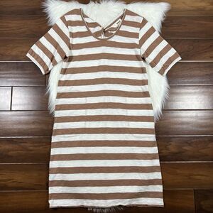 Pact Striped Short Sleeve Tee Dress in Cream and Brown